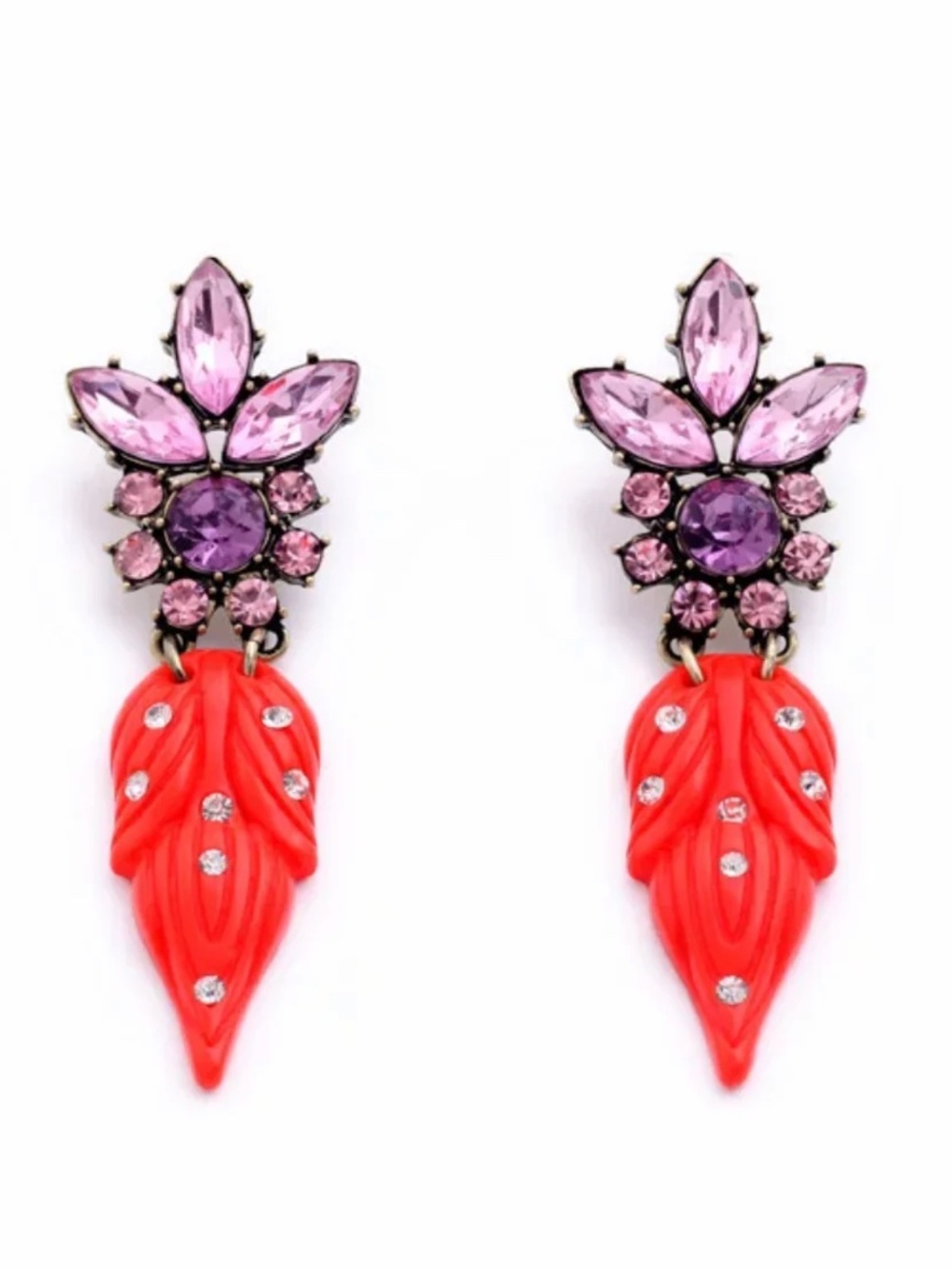 NWT Pink Crystal & Red Leaf Statement Post Earrings, 3"